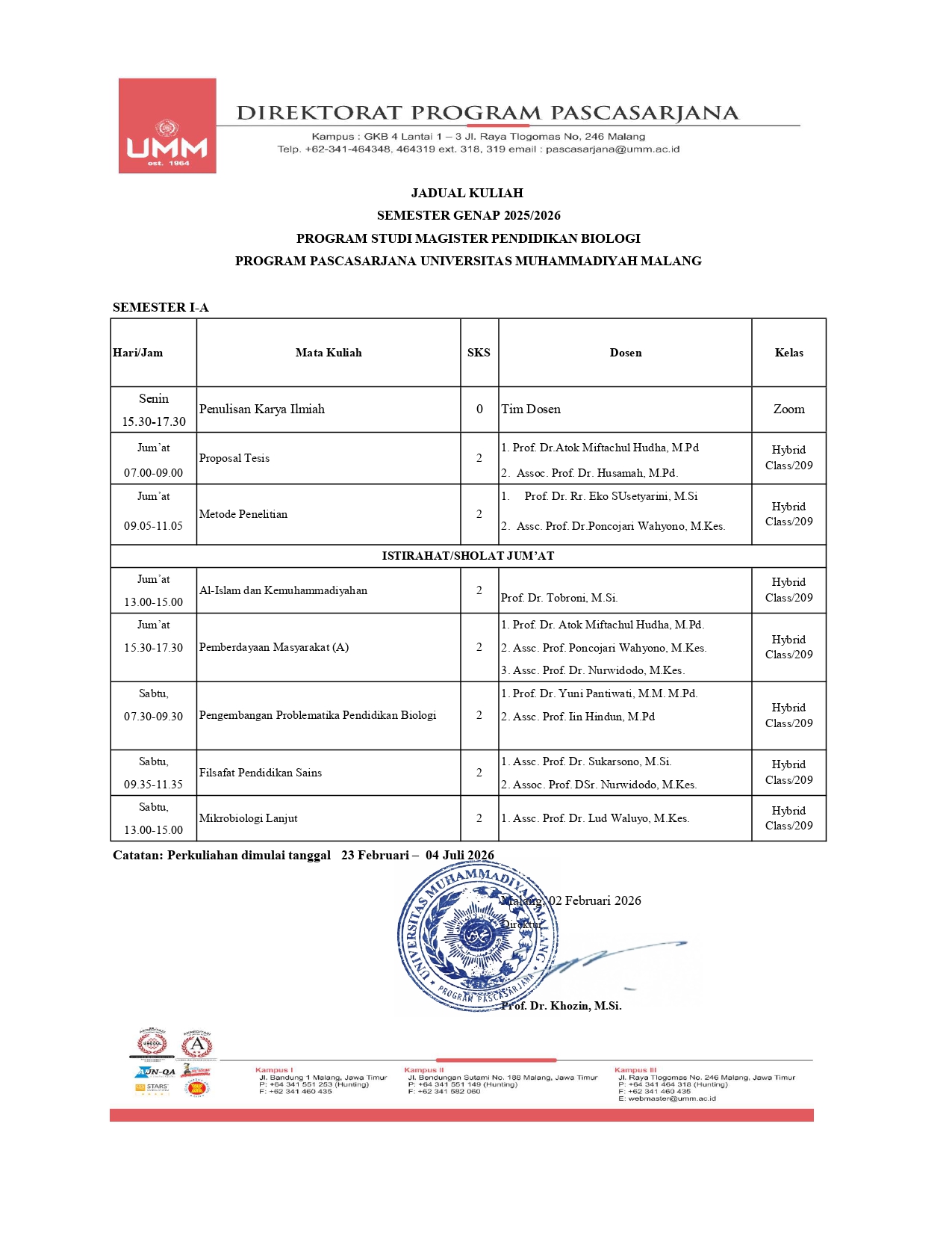 Jadwal Magister Pendidikan Biologi Genap 2025-2026_Semester I