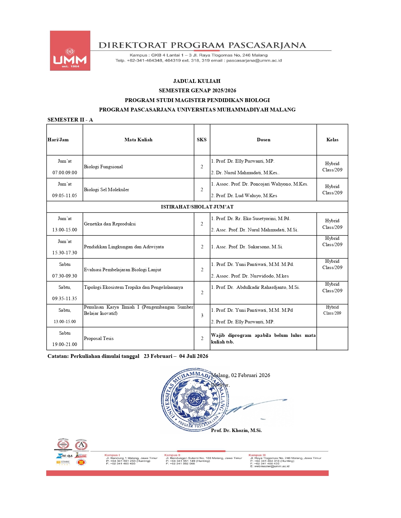 Jadwal Magister Pendidikan Biologi Genap 2025-2026_Semester II