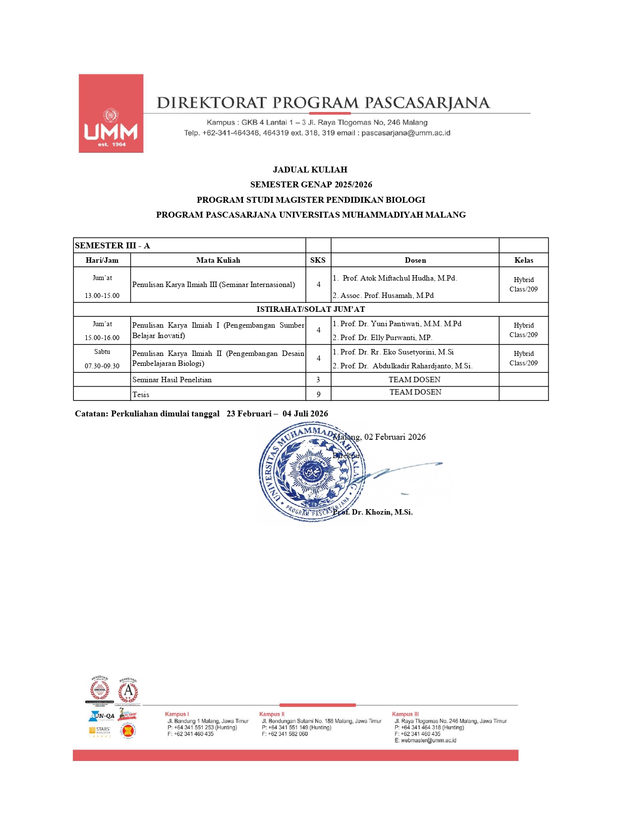 Jadwal Magister Pendidikan Biologi Genap 2025-2026_Semester III